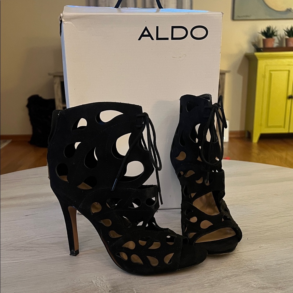 Aldo Black Lace-Up Cutout Heels